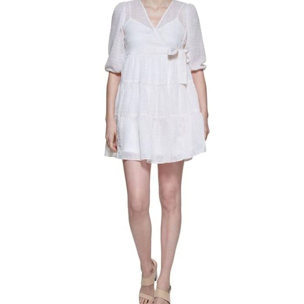 Calvin Klein Sheer Metallic Faux Wrap Baby Doll Dress size 6 EUC - Picture 1 of 9
